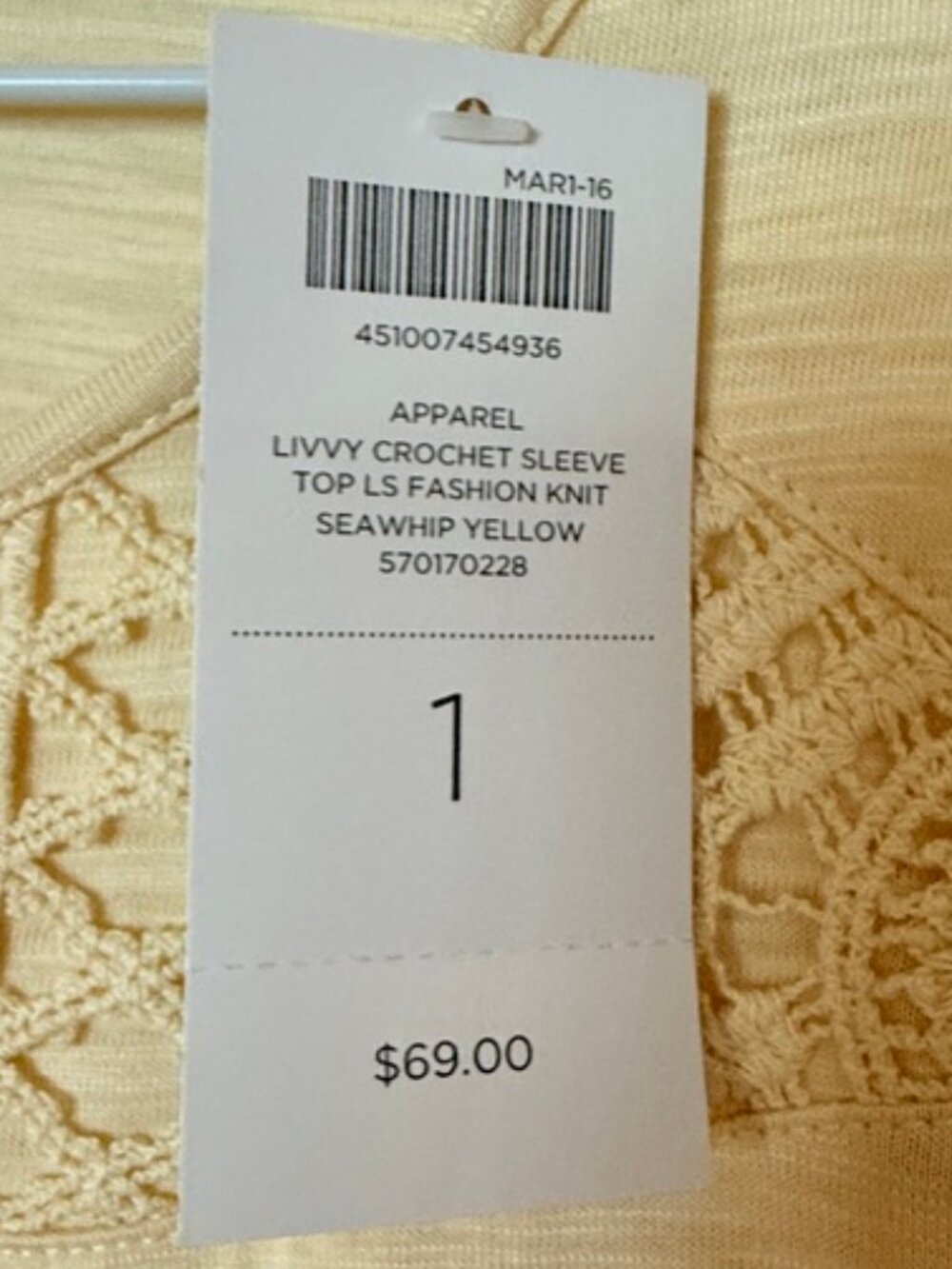 Chico's Livvy Crochet Sleeve Long Sleeve Top - sz M - in Seawhip Yellow - NWT!! - Picture 5 of 5